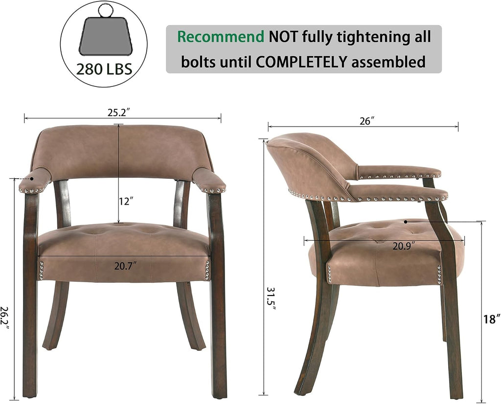 Dining Chairs with Upholstered,Office Desk Chair with Arms and Metal Rivets. PU Boss Captain's Chairs,Classic Accent Stool for Dining Room, Bedroom Brown Legs &Yellowish Brown NX173-318EY