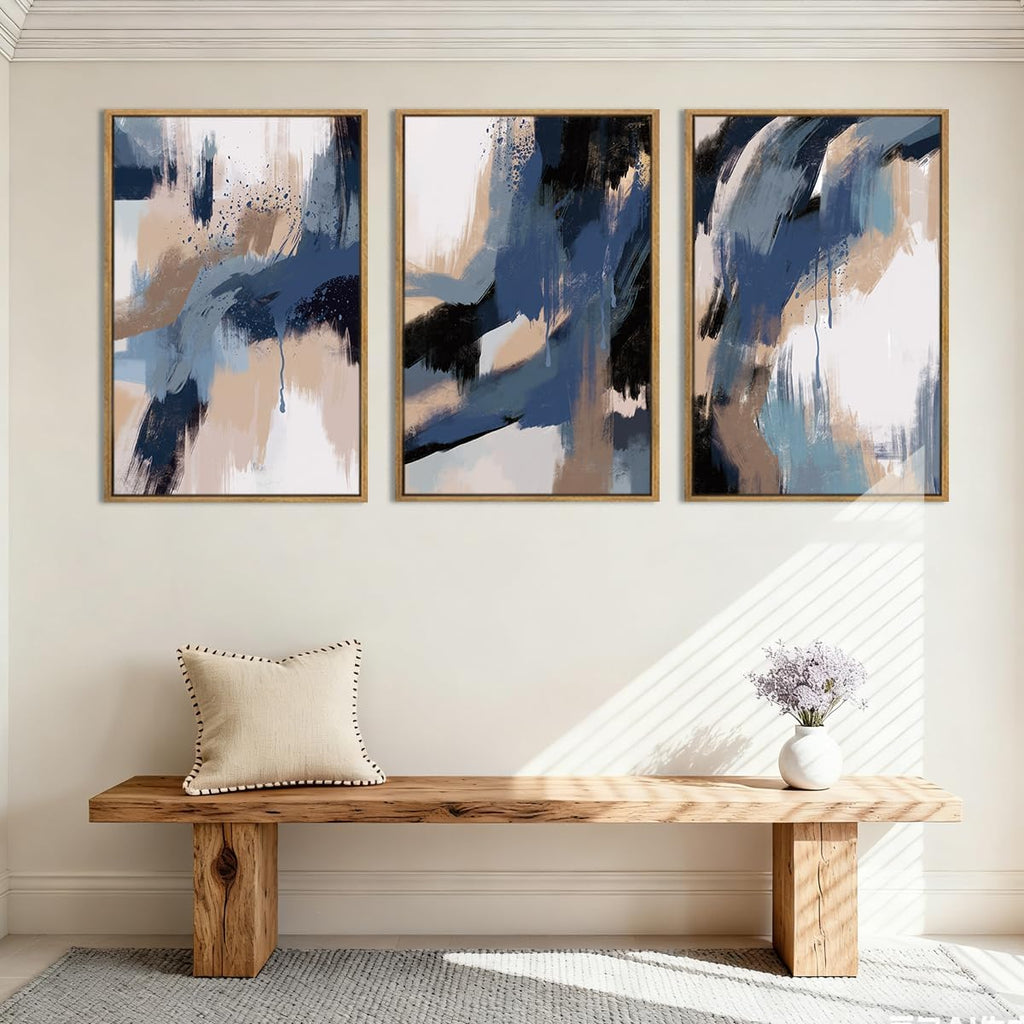 Extra Large Blue Neutral Wall Art Modern Abstract Wall Painting Framed Blue Artwork Abstract Blue Wall Decor Modern Abstract Art Prints Neutral Abstract Paintings for Living Room Bedroom Office 24x36 Inch Set of 3