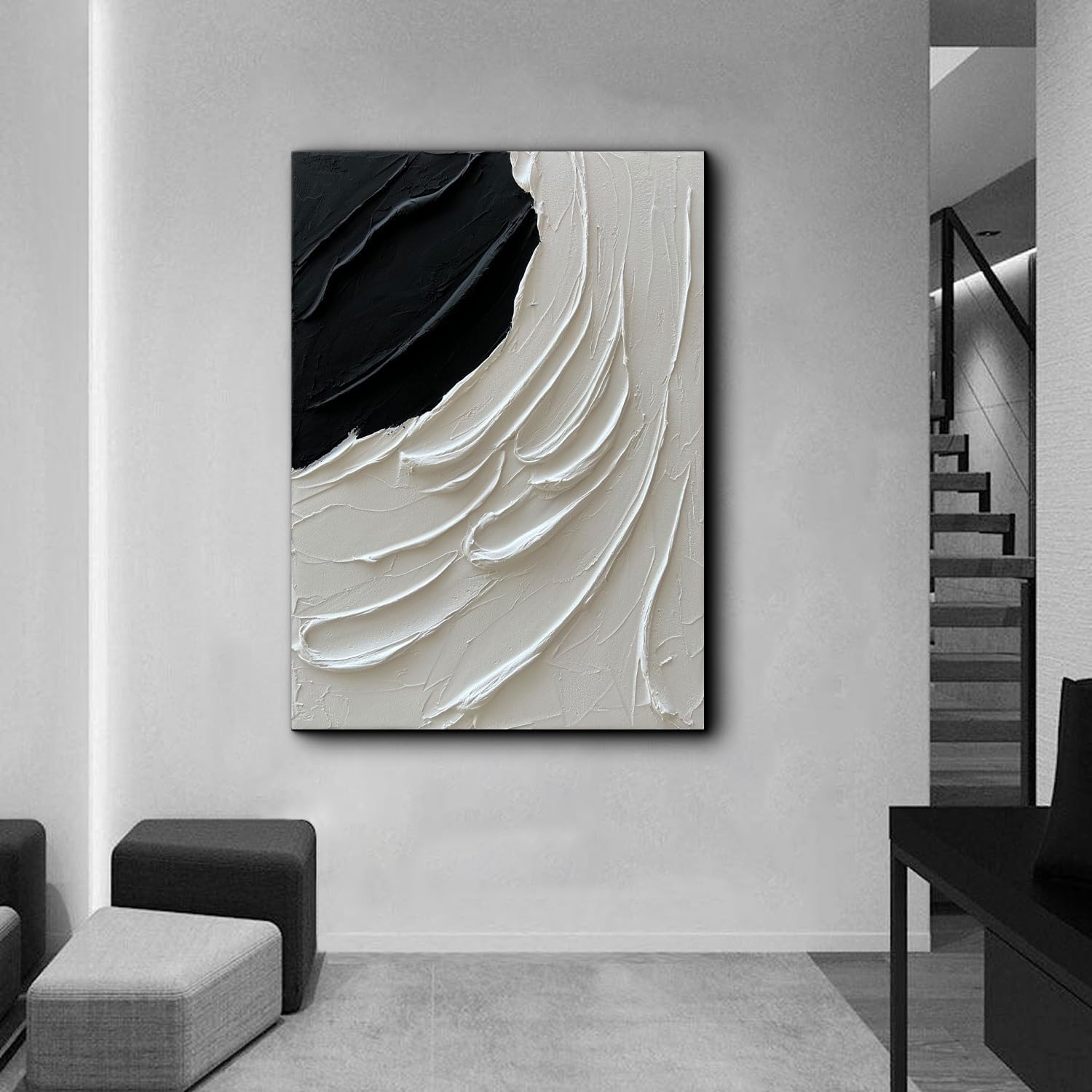 Creespi Hand Painted Thick Textured Black and White Wall Art 28x40 inch,Modern Minimalist Abstract Oil Painting On Canvas for Wall Decor