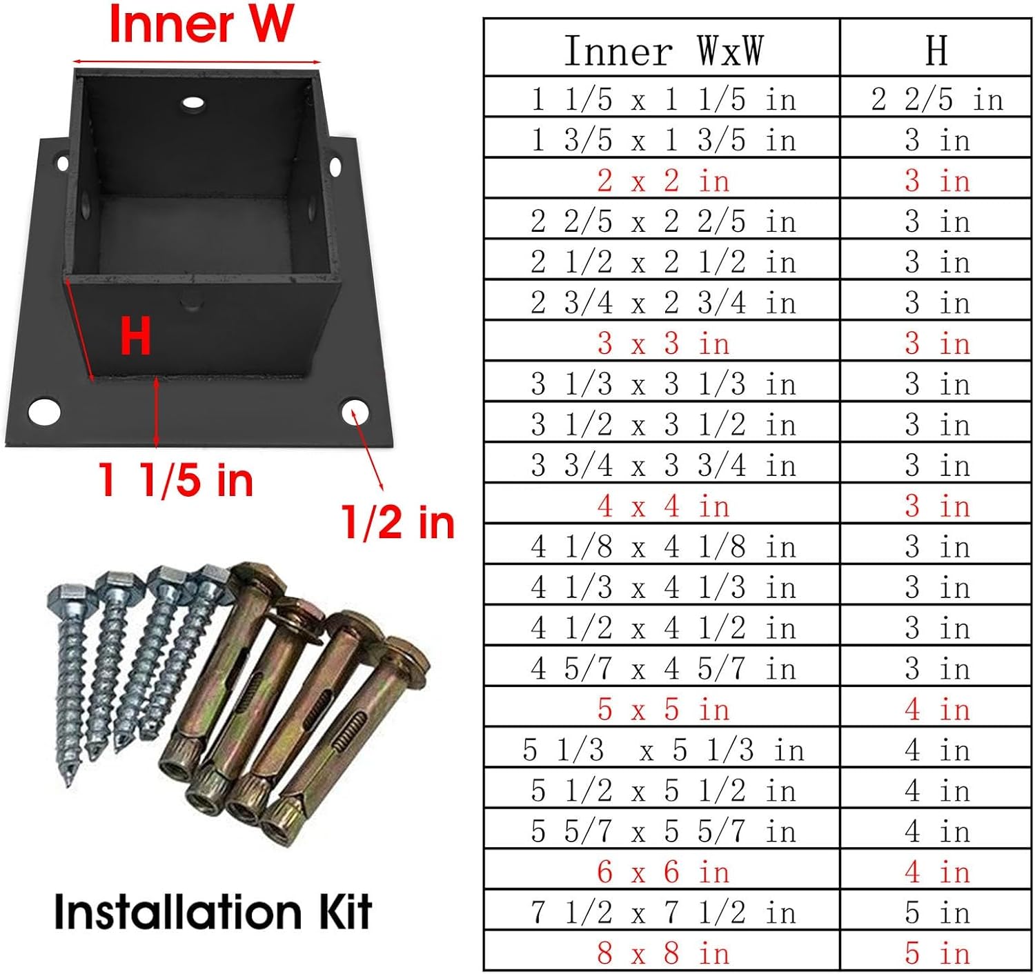 ZAQYCM Post Anchor Brackets Kit for Concrete/Cement/Wood Deck Ground, Heavy Duty Decking Post Base for Pergola/Fences/Mailboxes, Metal Column Flange Plate Black(6 x 6 in x 4 in H)