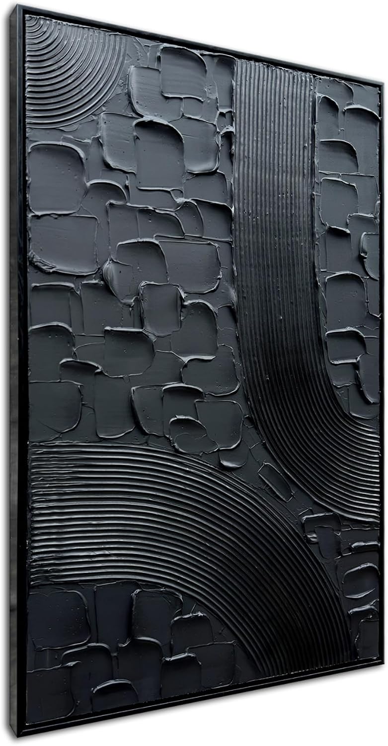 Slyart Black Textured Abstract Wall Art, Hand Painted Contemporary Minimalist Art Oil Painting, 24'x36' Framed Thick Texture Canvas Home Wall Art