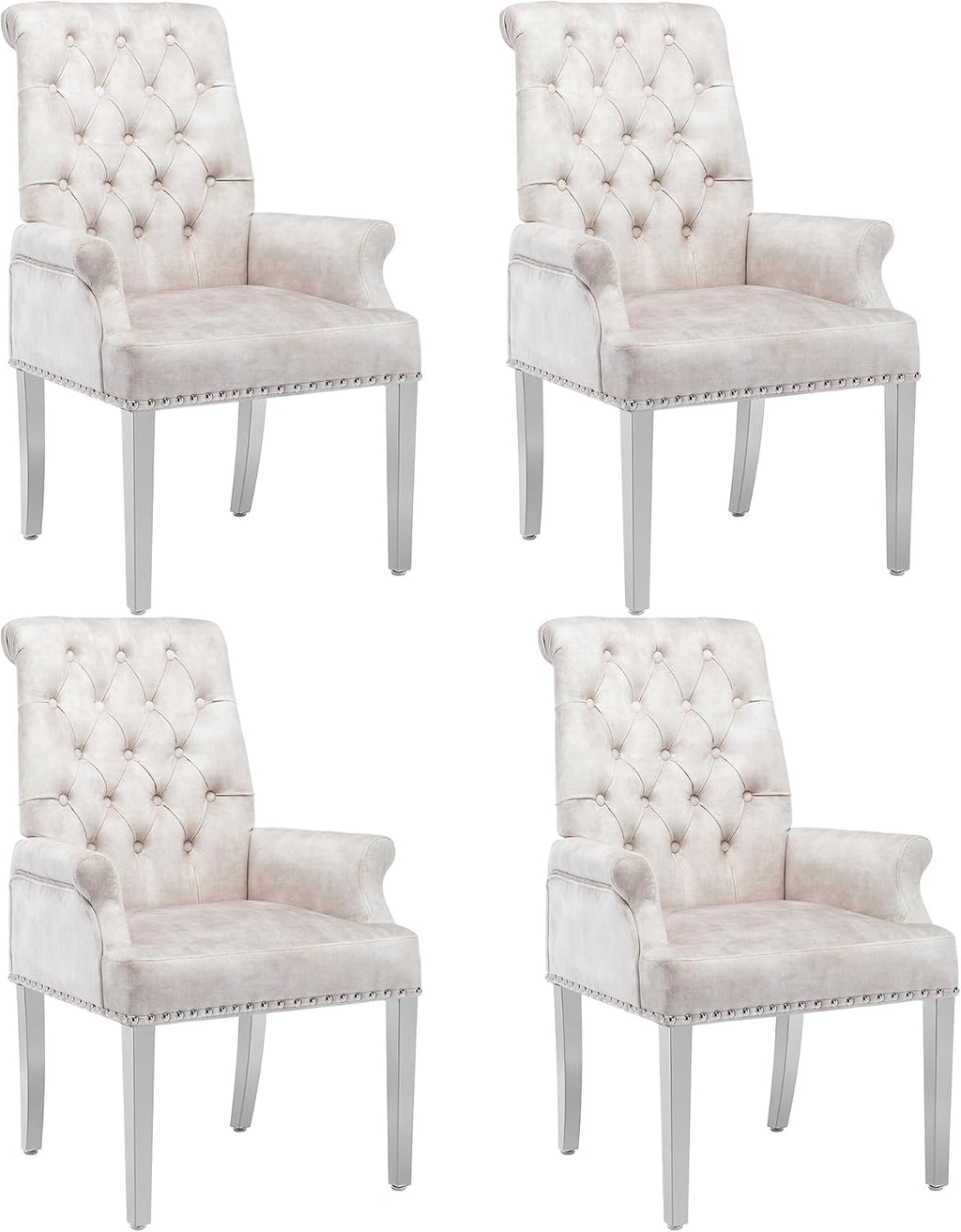 LOULENS Luxurious Velvet Dining Chairs Set of 4, Modern Upholstered Tufted Dining Room Chairs, Armrests Dining Chairs with Stainless Steel Leg (Beige + Velvet)