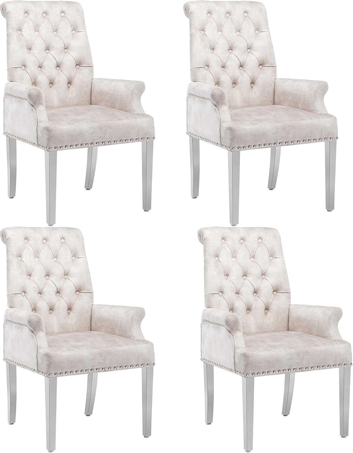 LOULENS Luxurious Velvet Dining Chairs Set of 4, Modern Upholstered Tufted Dining Room Chairs, Armrests Dining Chairs with Stainless Steel Leg (Beige + Velvet)