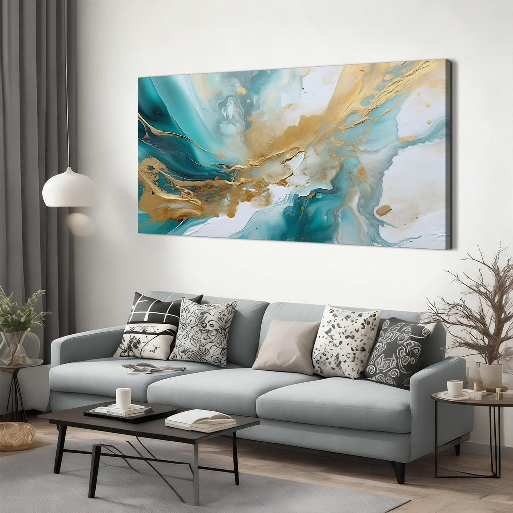 Extra Large Teal Abstract Wall Art Turquoise Wall Decor Living Room Wall Decor Modern Office Decor Marble Painting Teal and Gold Fluid Texture Prints Poster Artwork for Bedroom Decorations 35x70'