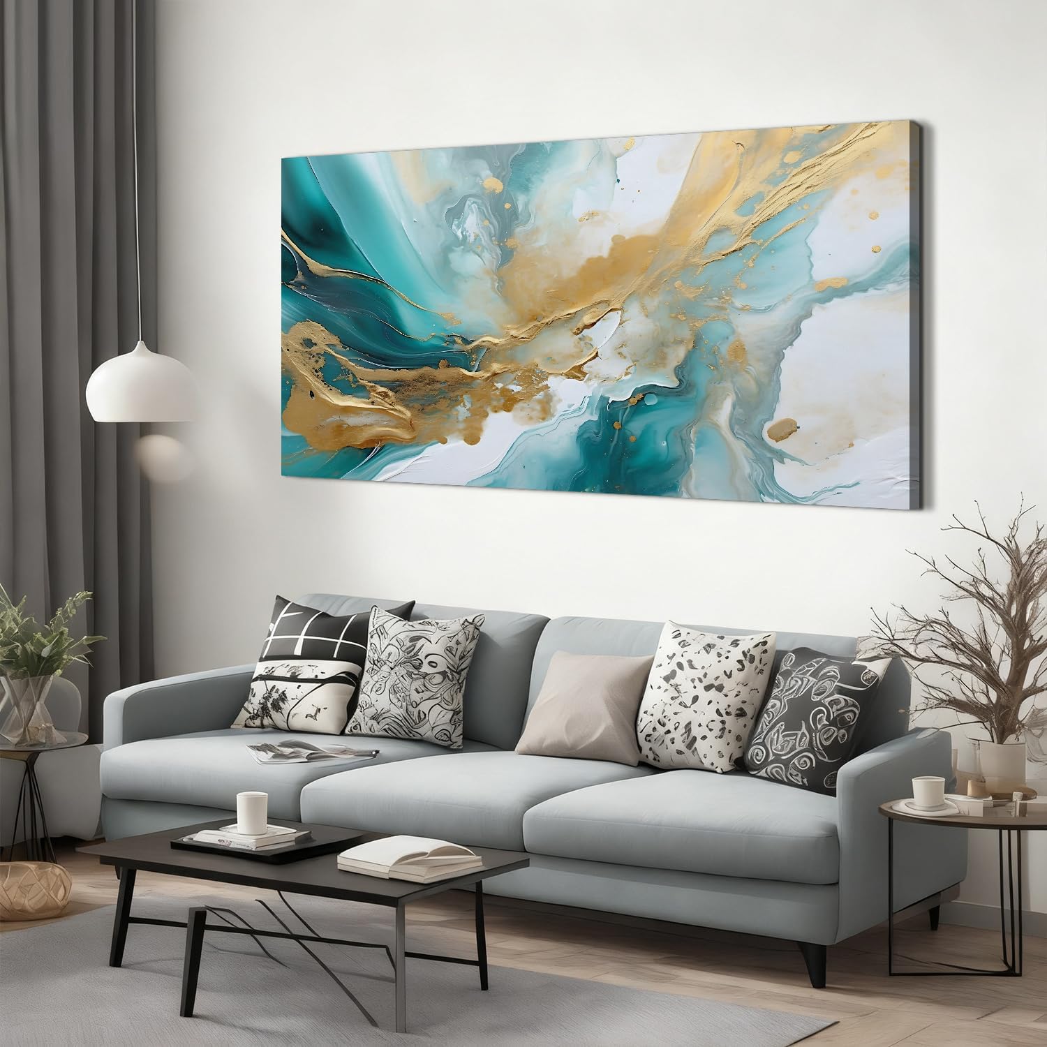 Extra Large Teal Abstract Wall Art Turquoise Wall Decor Living Room Wall Decor Modern Office Decor Marble Painting Teal and Gold Fluid Texture Prints Poster Artwork for Bedroom Decorations 35x70'