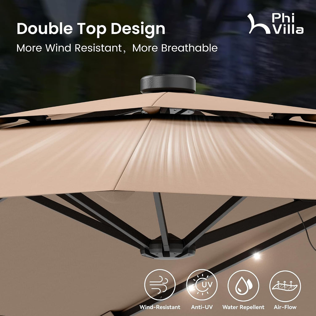 PHI VILLA 15ft 2-Tier Large Patio Umbrella with Solar Lights, Double-Sided Outdoor Market Rectangle Umbrellas with 36 LED Lights, Umbrella Base (Stand) Included, Beige