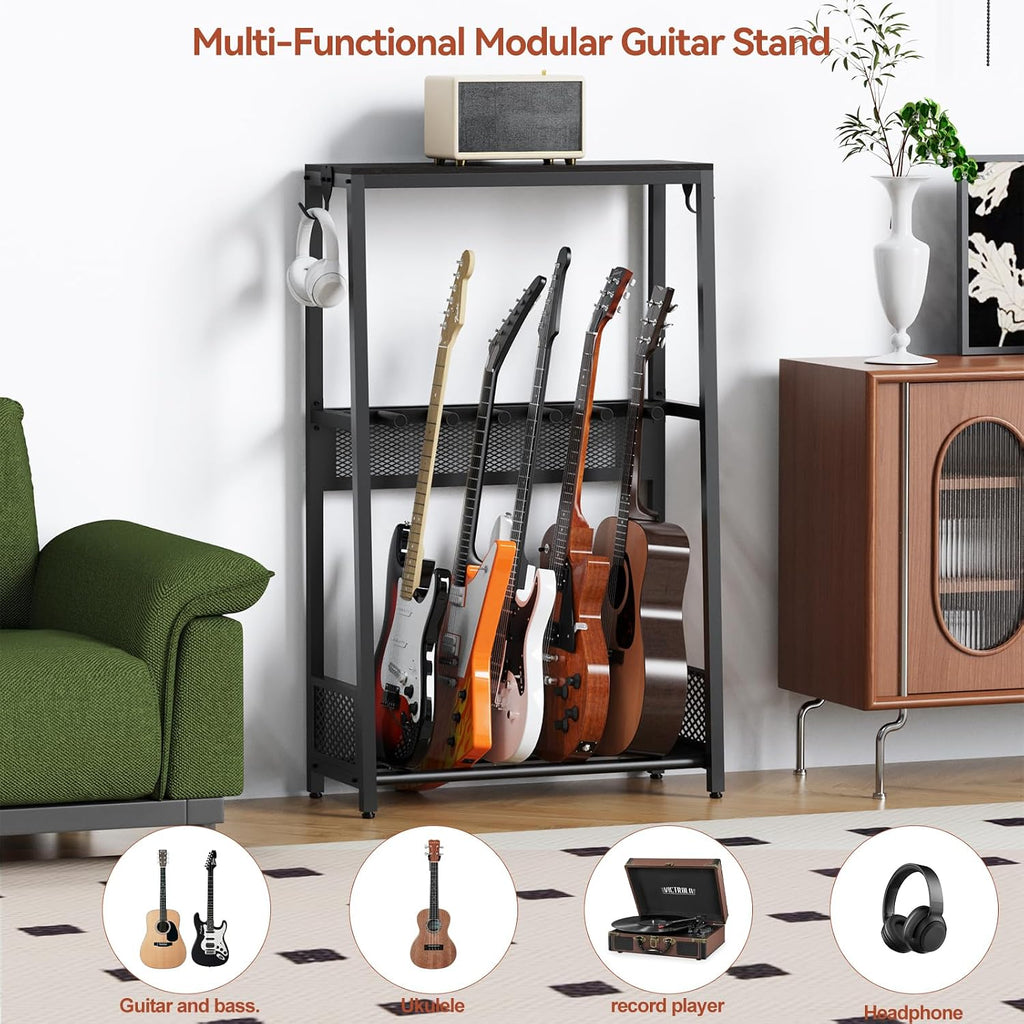 EmberGlow Multi-Guitar Stand with Top Display Shelf - Heavy Duty 26lbs Metal Guitar Rack with Adjustable Spacing & Soft EVA Padding, Premium Instrument Holder for Acoustic, Electric, Bass, Ukulele, Model S(Brown)