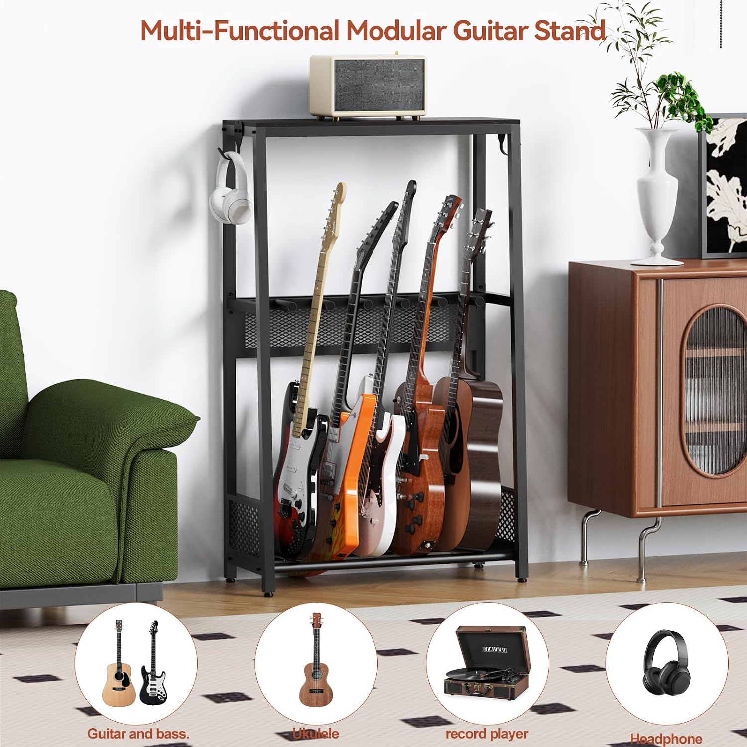 EmberGlow Multi-Guitar Stand with Top Display Shelf - Heavy Duty 26lbs Metal Guitar Rack with Adjustable Spacing & Soft EVA Padding, Premium Instrument Holder for Acoustic, Electric, Bass, Ukulele, Model S(Brown)