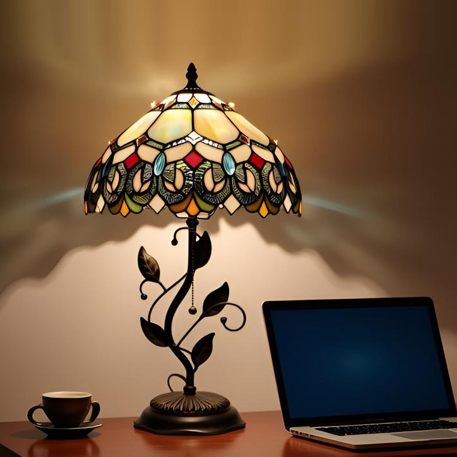 Tiffany Table Lamp, Stained Glass Style Desk Lamp, 12X12X19 Inch,Bedside Reading Light, Metal Leaf Base (Seven Color Baroque)