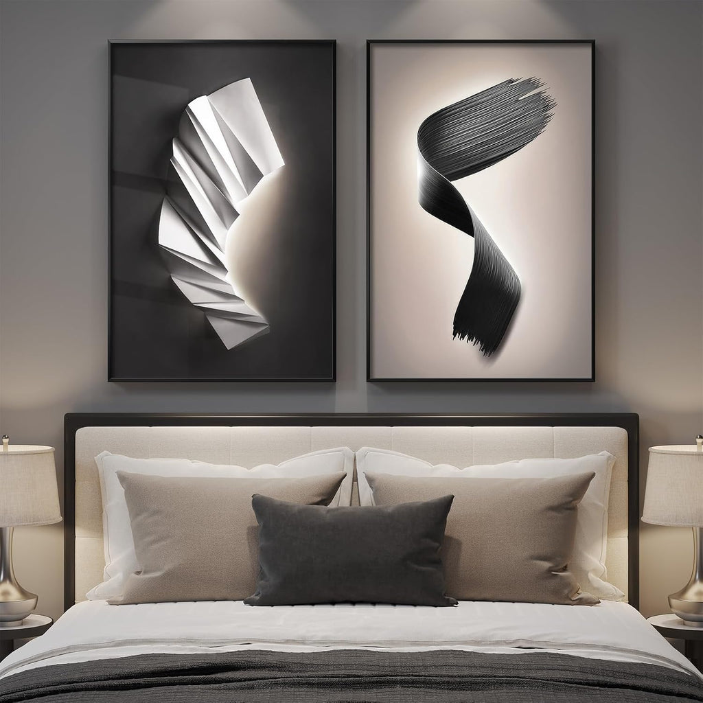 Large Framed Modern Black and White Wall Art for Living Room, Set of 2 Abstract Geometric Pictures Print Paintings, Luxury Bright Style Artwork for Bedroom Dining Room Hallway Wall Decor, 24x36 Inch