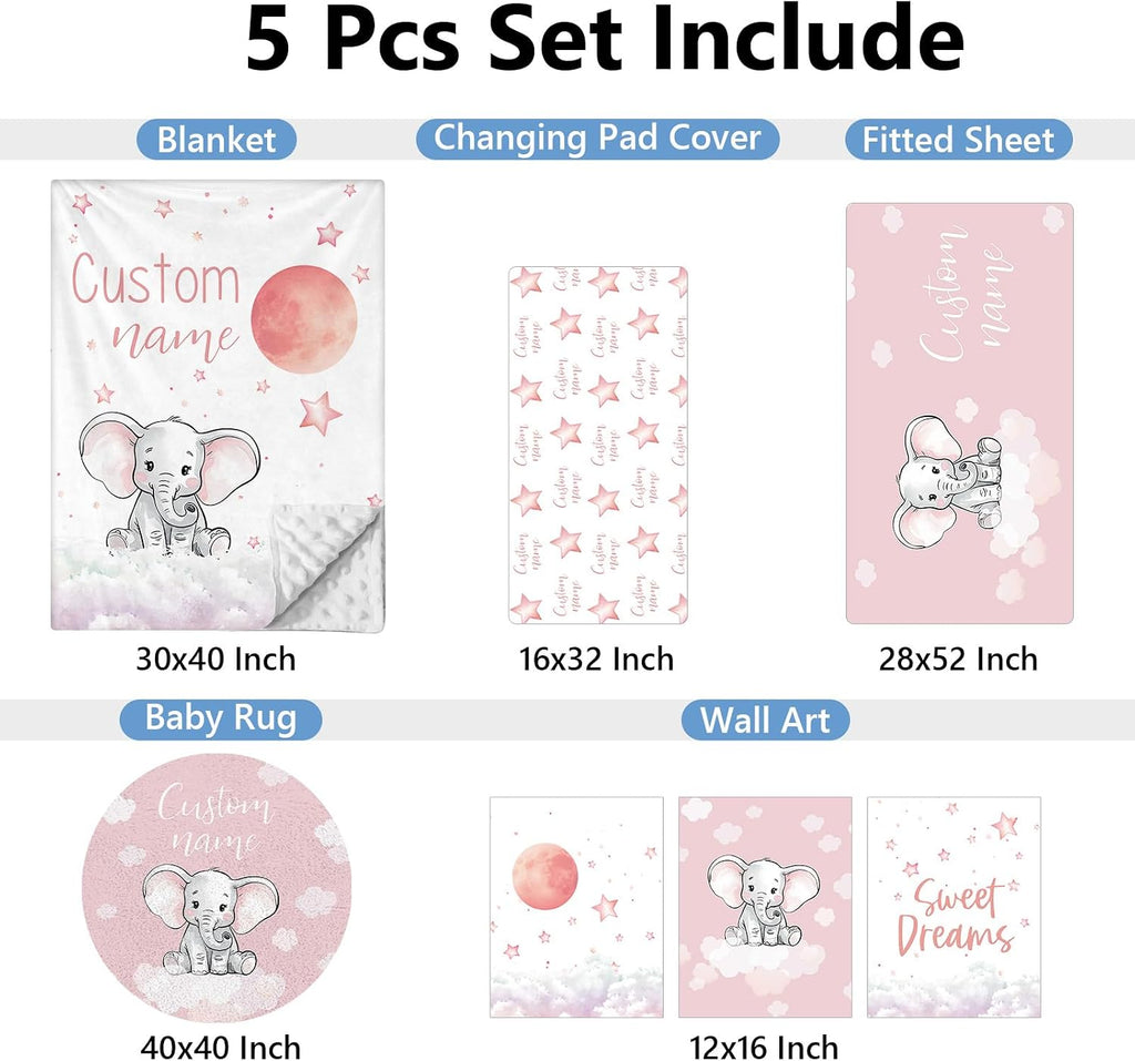 KAINSY Personalized Nursery Bedding Set, 5 Pcs - Custom Baby Girl Elephant Bedding, Toddlers Bedding Set with Name, Double Layer, Customized Gift for Infant Kid