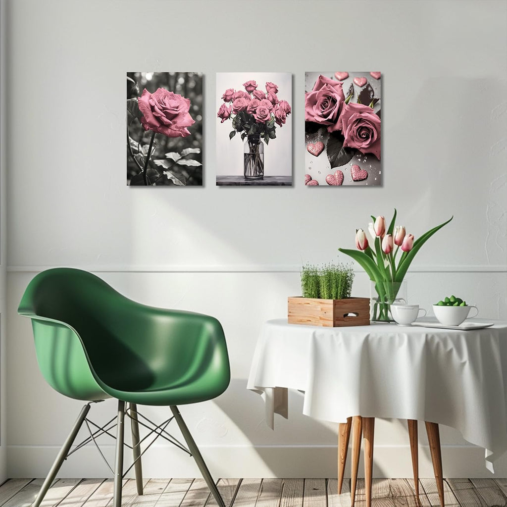 ZQQART Pink Rose Wall Art 3 PCS Bloom Pink Flower Canvas Prints Rustic Black and White Pink Floral Painting for Girls Room Wall Decor (Pink24.00' x 36.00' x 3)