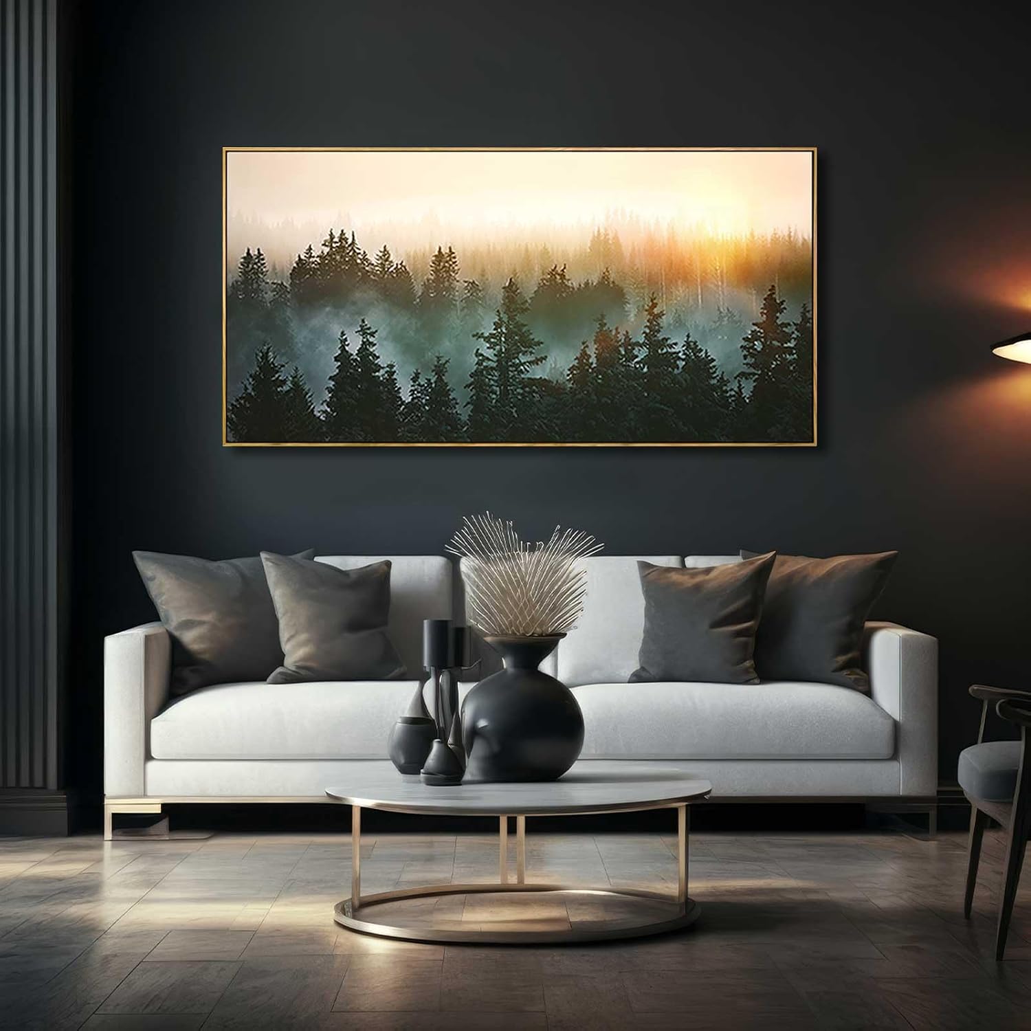 Living Room Wall Art Sunrise Misty Forest 24'x48' Modern Home Wall Decor Plants Wall Decorations Framed Artwork for Bedroom Dining Room Office Hotel