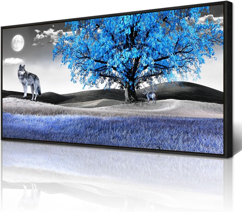 Wapluam Canvas Art Prints Wall Art For Living Room Large Wall Decor For Bedroom Modern Office Decorations Blue Tree and Wolfs Wall Pictures Black And White Paintings Room Black Framed Home Artwork
