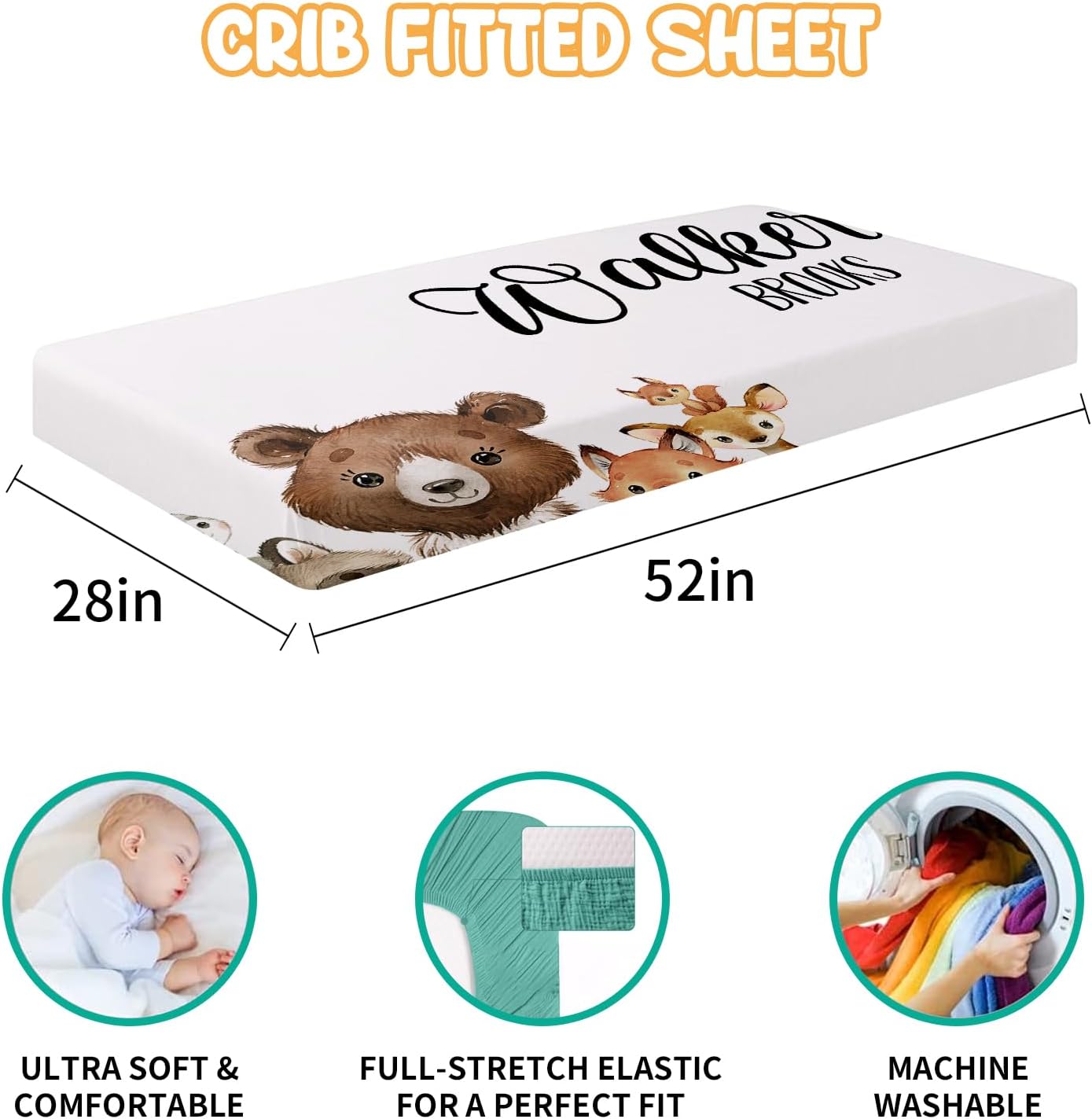 Custom Baby Crib Bedding Set - 5 Piece Nursery Crib Set Woodland Animals Design - Personalized Name Blanket with Dotted Backing, Crib Sheet, Changing Pad Cover, Pillow Cover, Rug for Newborns Color01