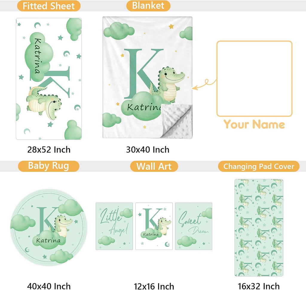 Terwex Custom Baby Bedding Set, 5 Pcs Personalized Baby Crib Sets with Name, Toddler Bedding Set for Baby Girls Boys, Green Crocodile Double Layer Nursery Bedding Set, Customized Gifts for Infants