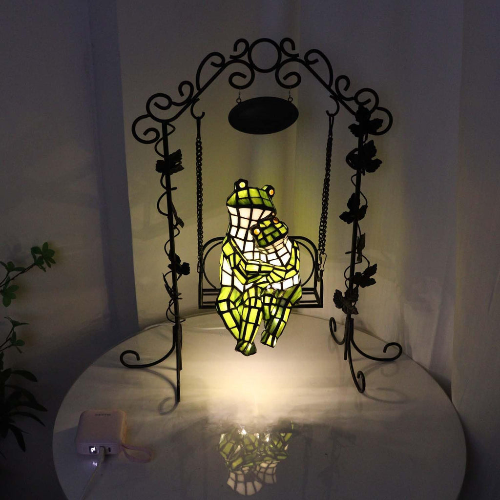 Bieye L12001 Frogs on a Swing Tiffany Style Stained Glass Accent Table Lamp for Home Decor