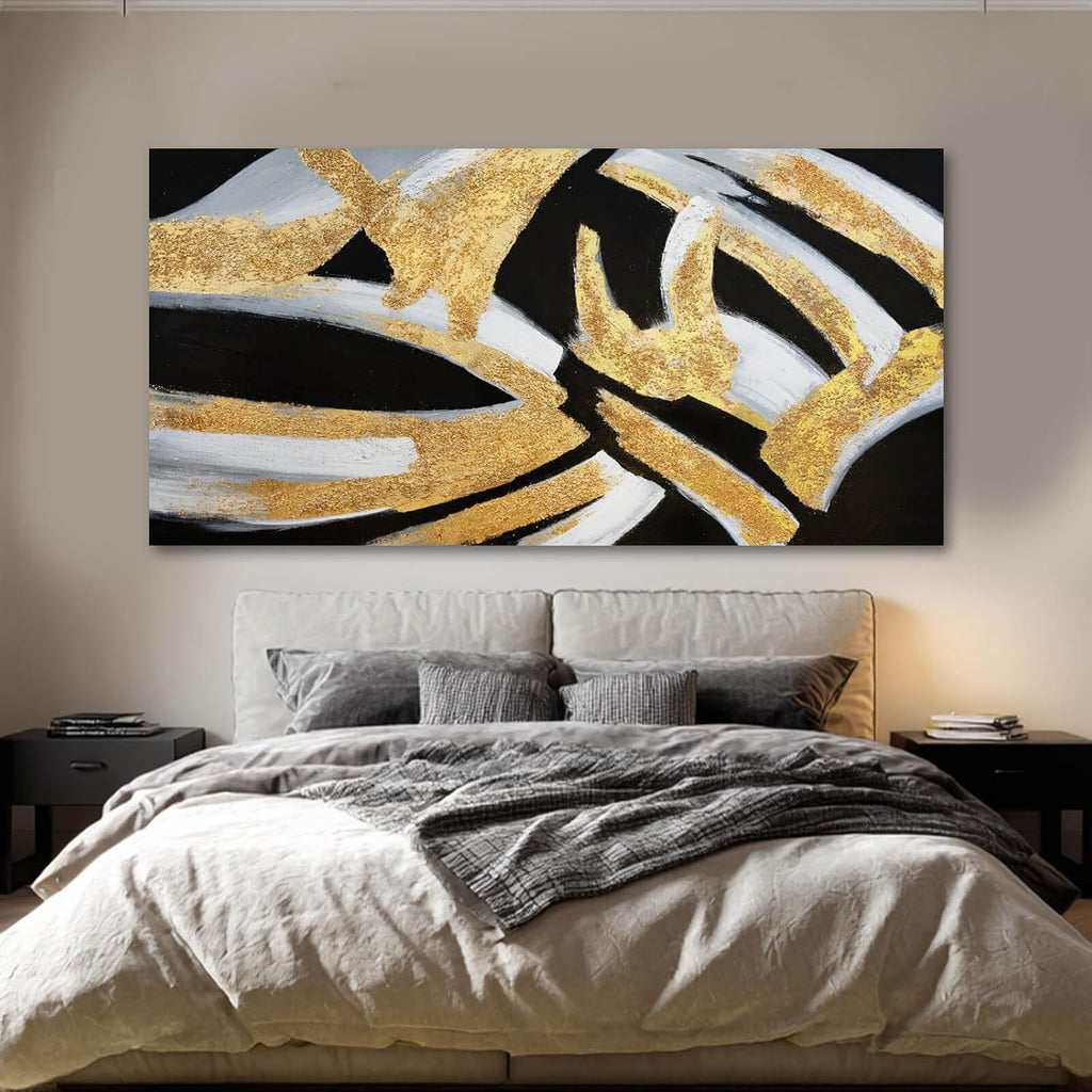 Kureful Line Wall Decor Black and Gold Canvas Art Large Dining Room Wall Pictures 29'x58' Wall Decorations for Living Room Textured Artwork