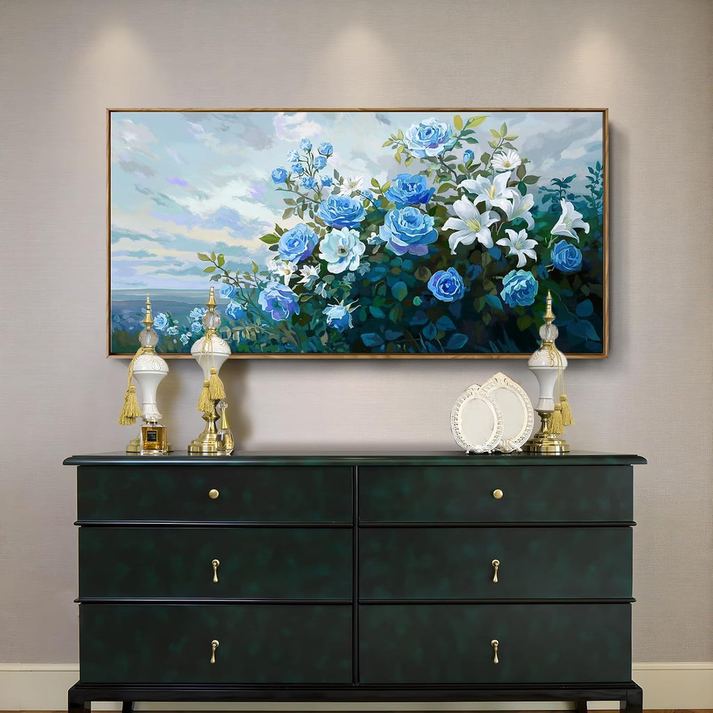 Framed Floral Wall Art for Bedroom Living Room – Blue and White Flowers Canvas Painting with Rustic Wood Frame – Botanical Artwork for Farmhouse & Cottage Décor 48x24 Inch