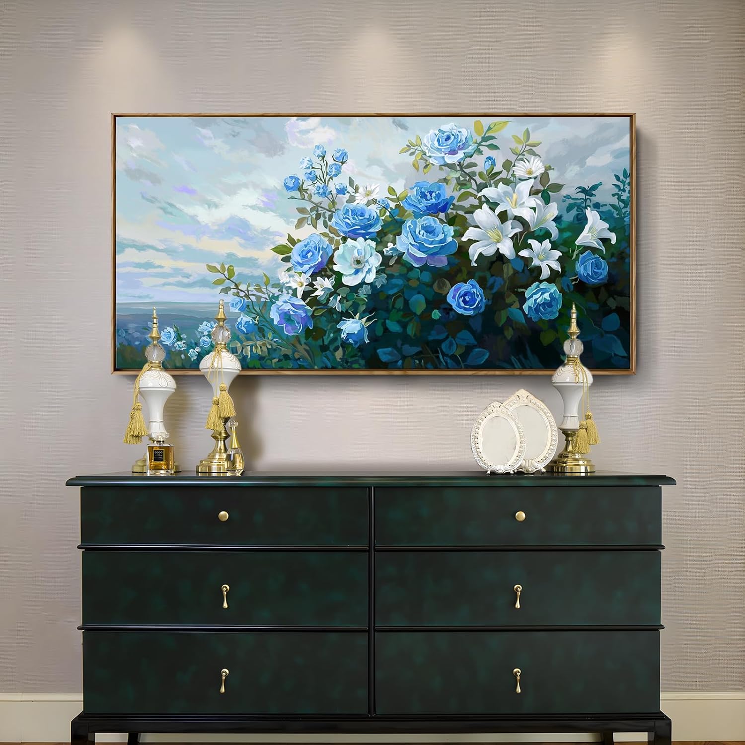 Framed Floral Wall Art for Bedroom Living Room – Blue and White Flowers Canvas Painting with Rustic Wood Frame – Botanical Artwork for Farmhouse & Cottage Décor 48x24 Inch