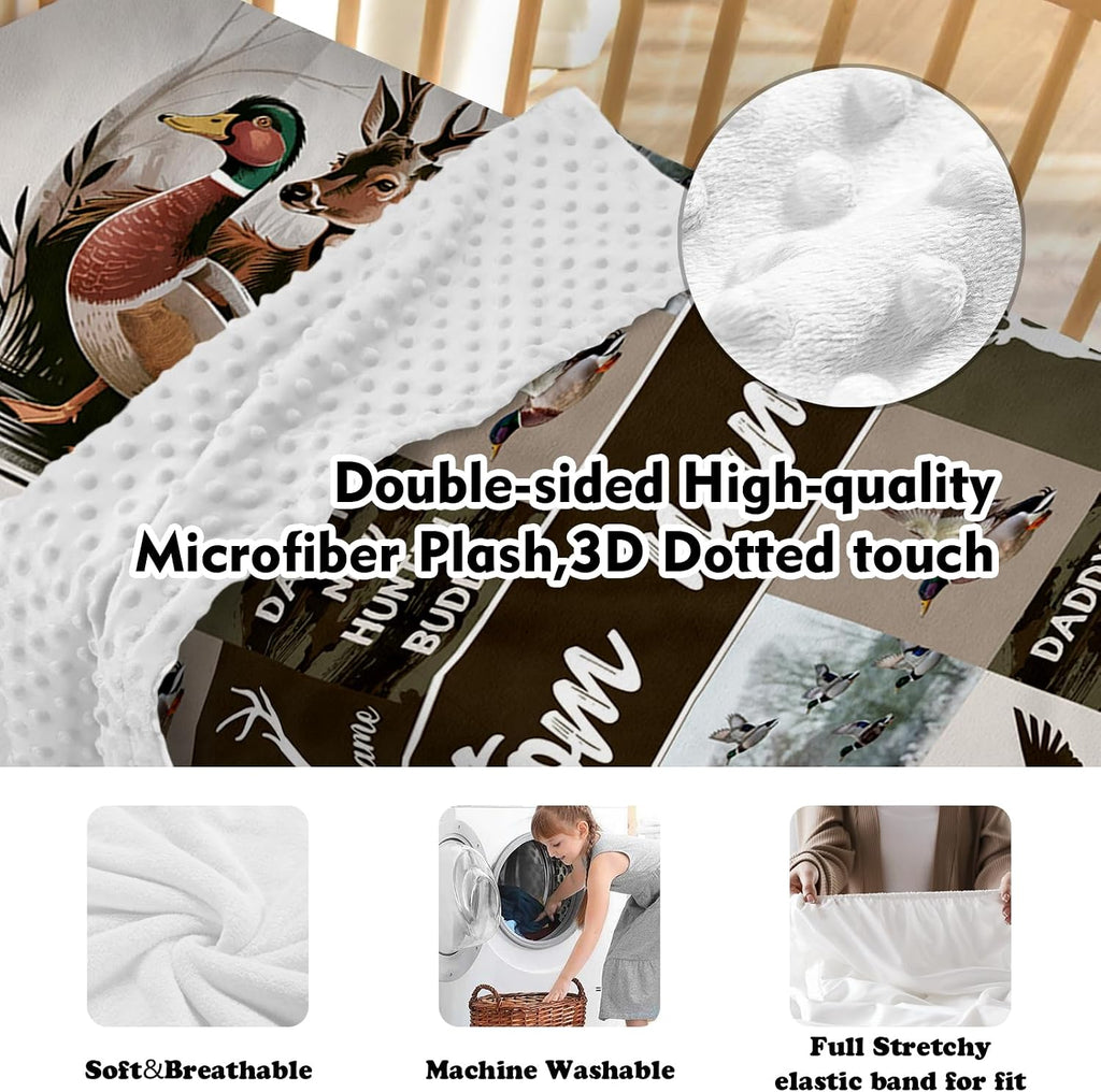 Personalized Crib Bedding Set for Baby Boys, Hunting Duck Pattern Custom Name Baby Crib Sets 5-Pcs, Double Layer Baby Blanket Fitted Sheet Changing Pad Cover Rug Wall Art Set