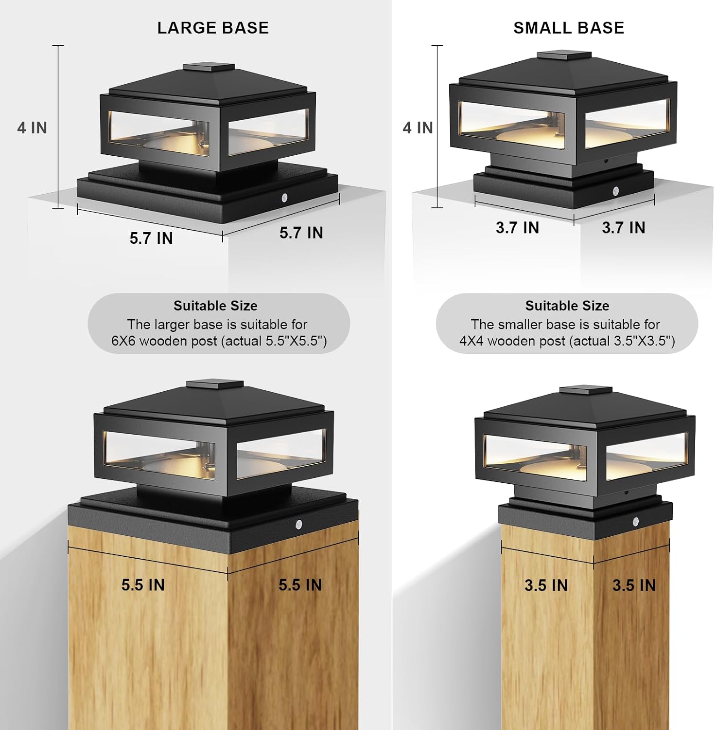 GOODSMANN Landscape Lighting 8PK Low Voltage Post Cap Lights Outdoor Lights 3W LED 150 Lumen 3000K with Cable Connectors 2 Bases for 6X6 (Actual 5.5' x 5.5') and 4X4 (Actual 3.5' x 3.5')