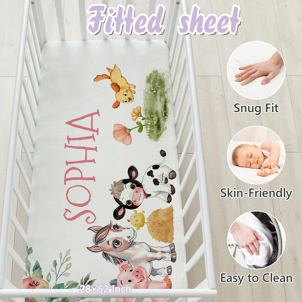 Personalized Baby Crib Bedding Set, 5 Pcs Custom Name Nursery Bedding Set for Girls Boys, Farm Animals Baby Crib Set for Toddlers Infants, Double Layer Bedding Crib Sets Customized Gifts