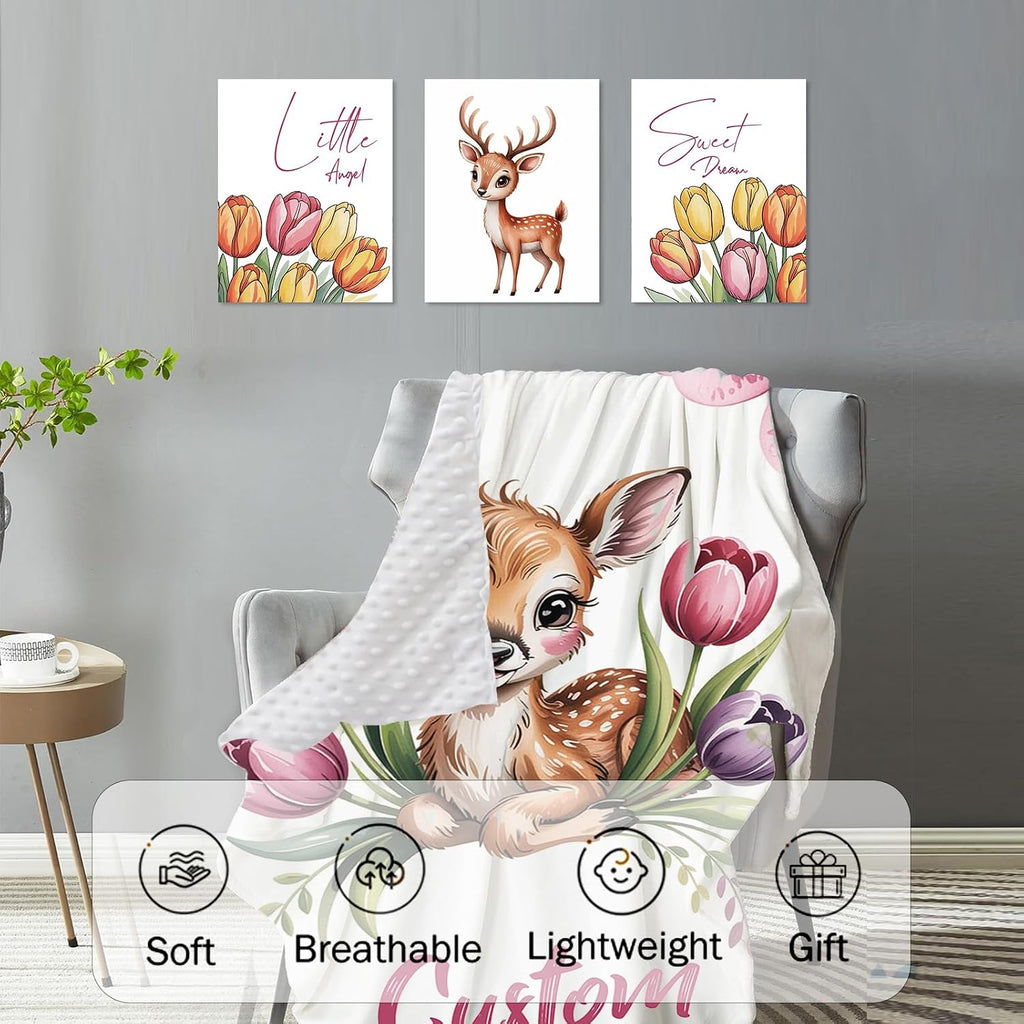 Personalized Crib Bedding Set for Baby Girls, Custom Name Baby Crib Sets 5-Pcs - Toddler Double Layer Blanket Fitted Sheet Changing Pad Cover Rug Wall Art Set, Sika Deer Theme Nursery Décor