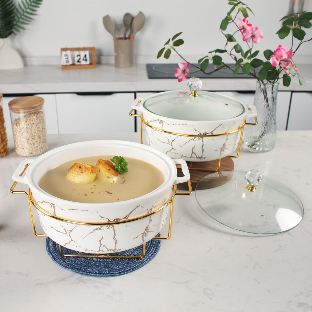 8' Round Ceramic Casserole Dish with Glass Lid and Gold rack Set of 4, 2 qt Serving Soup Tureen, Chafing Dish for Buffet, Family Food preserve Tray, Catering Casserole for Party Style
