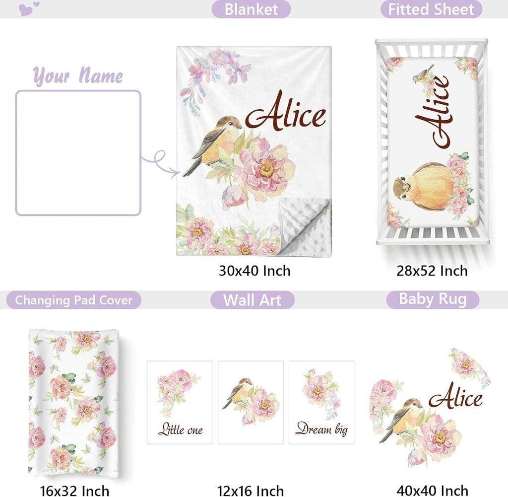 Custom Baby Crib Bedding Set, 5 PCS Personalized Name Baby Crib Sets for Girls Boys, Bird Theme Nursery Bedding Sets for Infant Toddler, Double Layer Flannel Bed Set Customized Gifts
