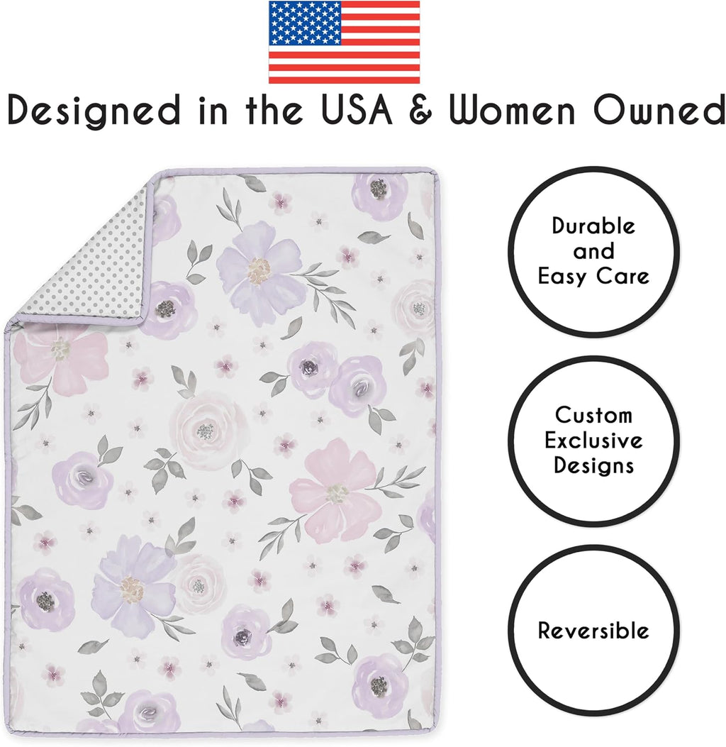 Sweet Jojo Designs 4-Piece Baby Crib Bedding Set (Purple/Grey Boho Floral) for Girls, Infants/Nursery incl. Blanket, Fitted Sheet, Skirt, Diaper Stacker (Watercolor, Polka Dot, Shabby Chic, Lavender)