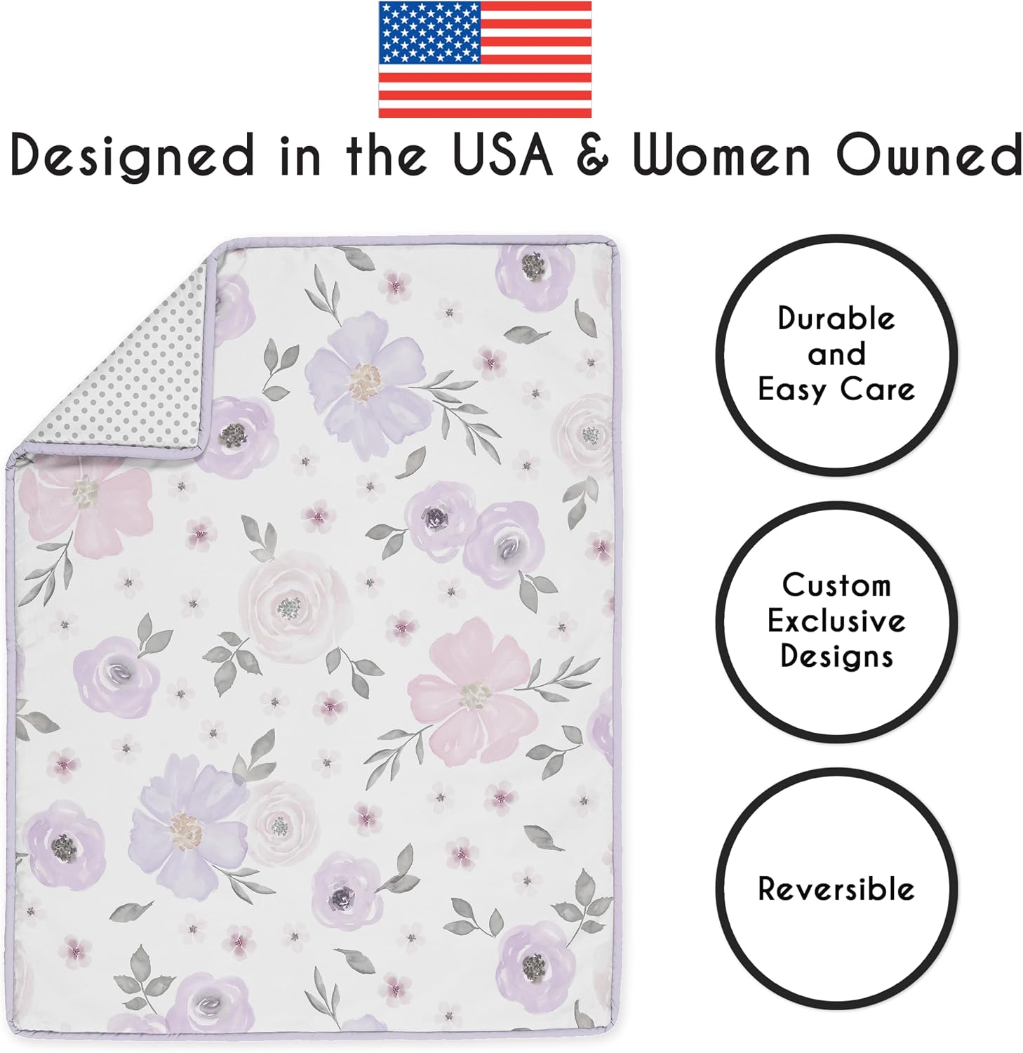 Sweet Jojo Designs 4-Piece Baby Crib Bedding Set (Purple/Grey Boho Floral) for Girls, Infants/Nursery incl. Blanket, Fitted Sheet, Skirt, Diaper Stacker (Watercolor, Polka Dot, Shabby Chic, Lavender)
