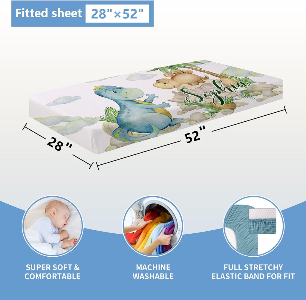 KAINSY Personalized Baby Crib Bedding Set, 5 Pcs Custom Set With Name, Soft Double Layer Nursery Bedding, Flannel Dinosaur Set for Boys, Toddlers Newborns Customized Gift