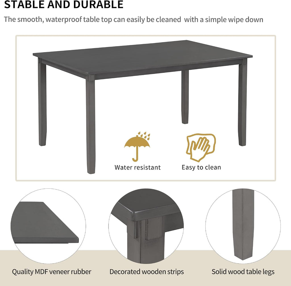 6-Piece Dining Room Table Set, Rustic Farmhouse Wood Dining Table Set with Rectangular Table 4 Upholstered Padded Chairs and 1 Padded Bench, Dining Set for Family of 4-6 People (Grey)