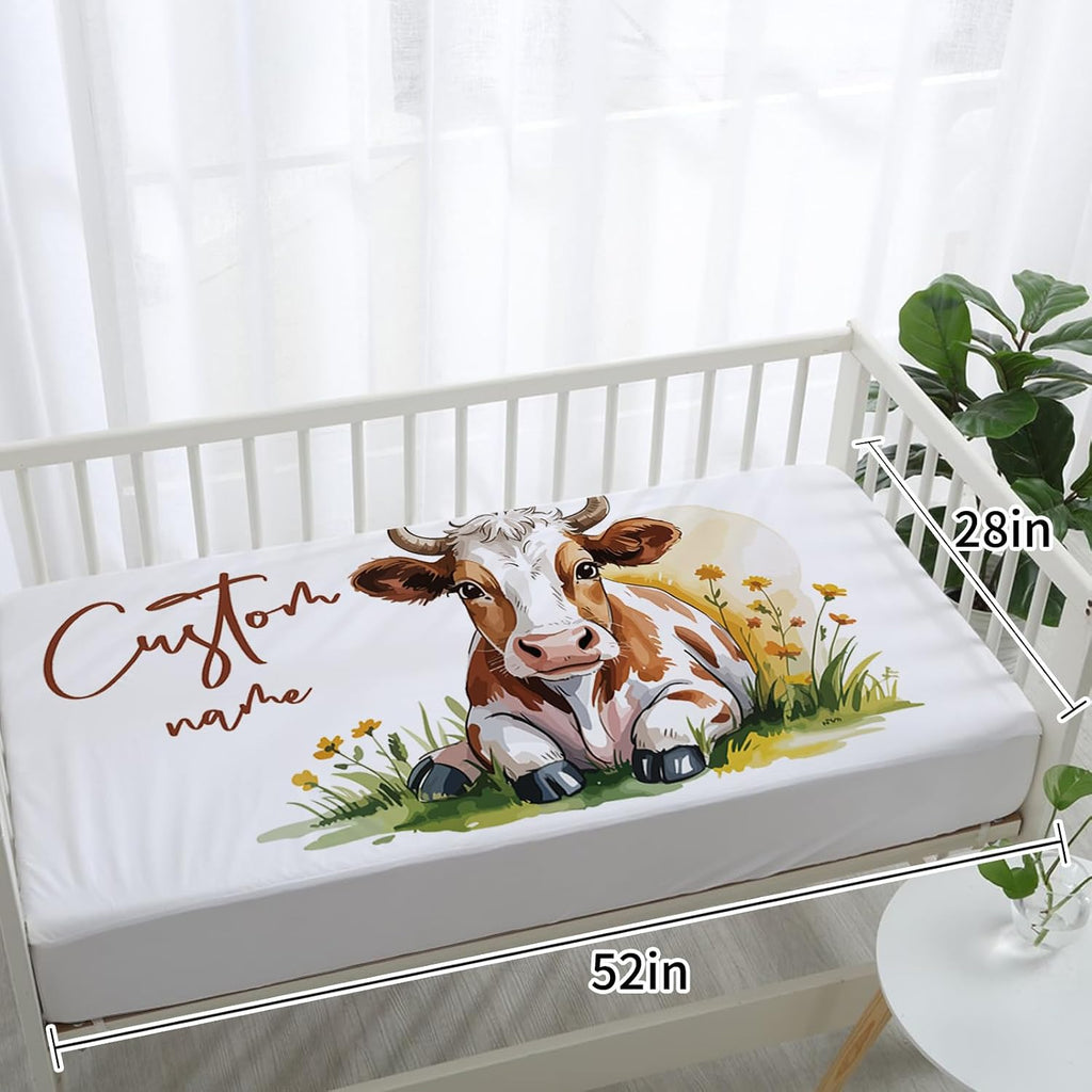 Personalized Crib Bedding Set for Baby Boys Girls, Farm Cabin Pattern Custom Name Baby Crib Sets 5-Pcs, Double Layer Baby Blanket Fitted Sheet Changing Pad Cover Rug Wall Art Set