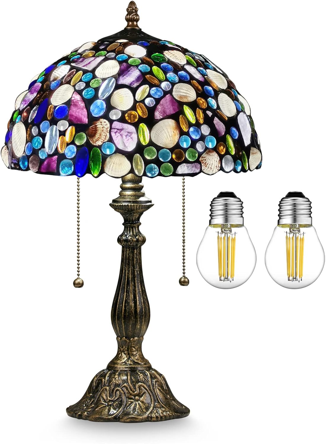 Tiffany Table Lamp,Stained Glass Lamp with Natural Shell,12' Vintage 2-Light Handmade Tiffany Style Lamp,Tiffany Bedside Light for Bedroom Living Room Office(2 LED Bulbs Included)