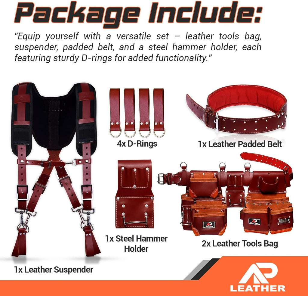Tool Belt for Men – 4MM Full-Grain Geniune Leather | Brass Hardware | Foam-Padded Comfort Tool Pouch | 28-Pocket Carpenter & Framing Rig with Suspender Support | Waist Size 32' – 52'