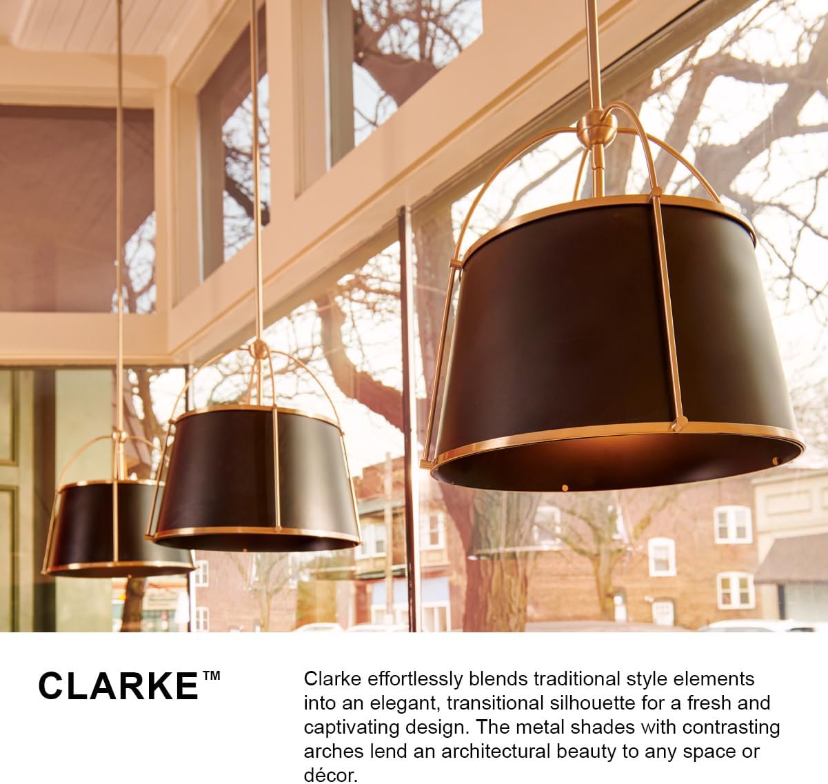 Hinkley Clarke Large Drum Pendant, Black Metal Shade, 1-6' and 2-12' Down Rods, Even or Sloped Ceilings, Warm Brass Finish