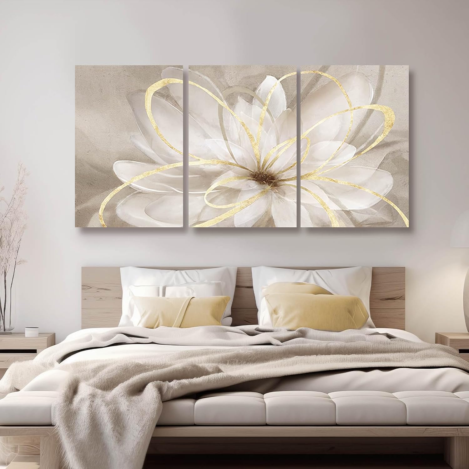 Kureful Gold Wall Art Pictures for Bedroom Flowers Wall Decor Floral Posters Art 3 Piece Wall Decorations Minimalist Decor for Walls 20'x 26'x 3