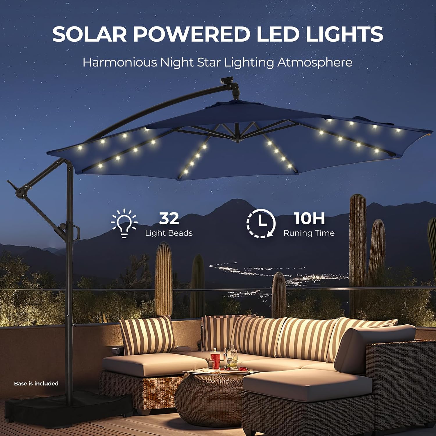 HOMSHADE 10ft Solar Lights Offset Cantilever Patio Umbrella - with Light and Base, LED Lighted Offset Hanging Patio Outdoor Market Umbrella UPF50+ UV Protection with Easy Tilt and Crank (Navy Blue)