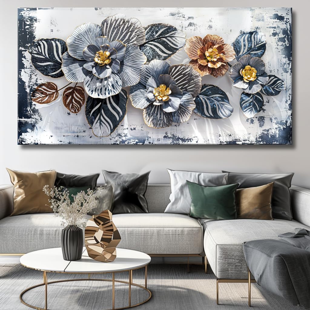Large Floral Wall Art Decor Elegant Flower Framed Canvas Print Wall Décor for Living Room, Bedroom, Dining Room, and Home Office Modern Textured Ready to Hang - 24'x48'