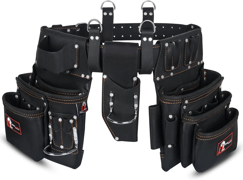 Daisy Leather PRO DL-101 Oil tanned Premium 25 pockets Heavy duty Tool Belt, Carpenter belt Pouch for Construction, Carpenter, Craftsman and Electricians workers, Black, X-Large