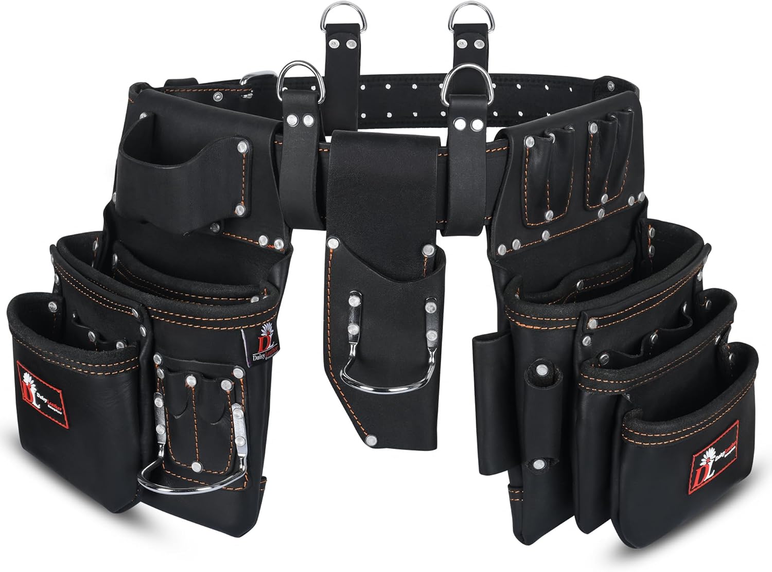 Daisy Leather PRO DL-101 Oil tanned Premium 25 pockets Heavy duty Tool Belt, Carpenter belt Pouch for Construction, Carpenter, Craftsman and Electricians workers, Black, X-Large