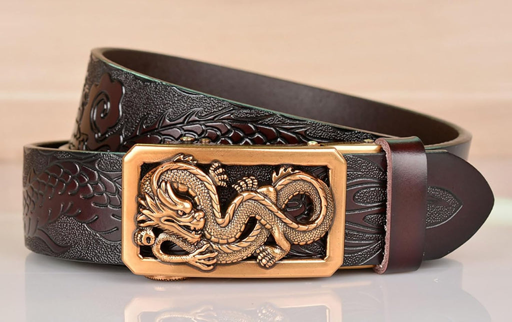 Mens Ratchet Leather Belt, Genuine Leather belts, Engraved Vintage Dragon Eagle Tiger Buckle, Business leisure belt