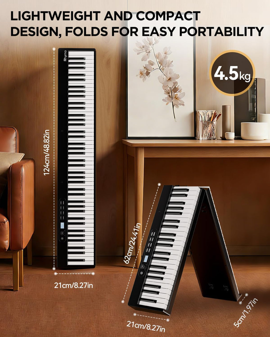 Rhymo Portable Piano Keyboard, Semi-Weighted Folding Piano 88 Key Full Size, Upgrand Imitation Wood Texture Keyboard w/MIDI Bluetooth LCD Display Screen, Sustain Pedal for Beginners Adult Toddler