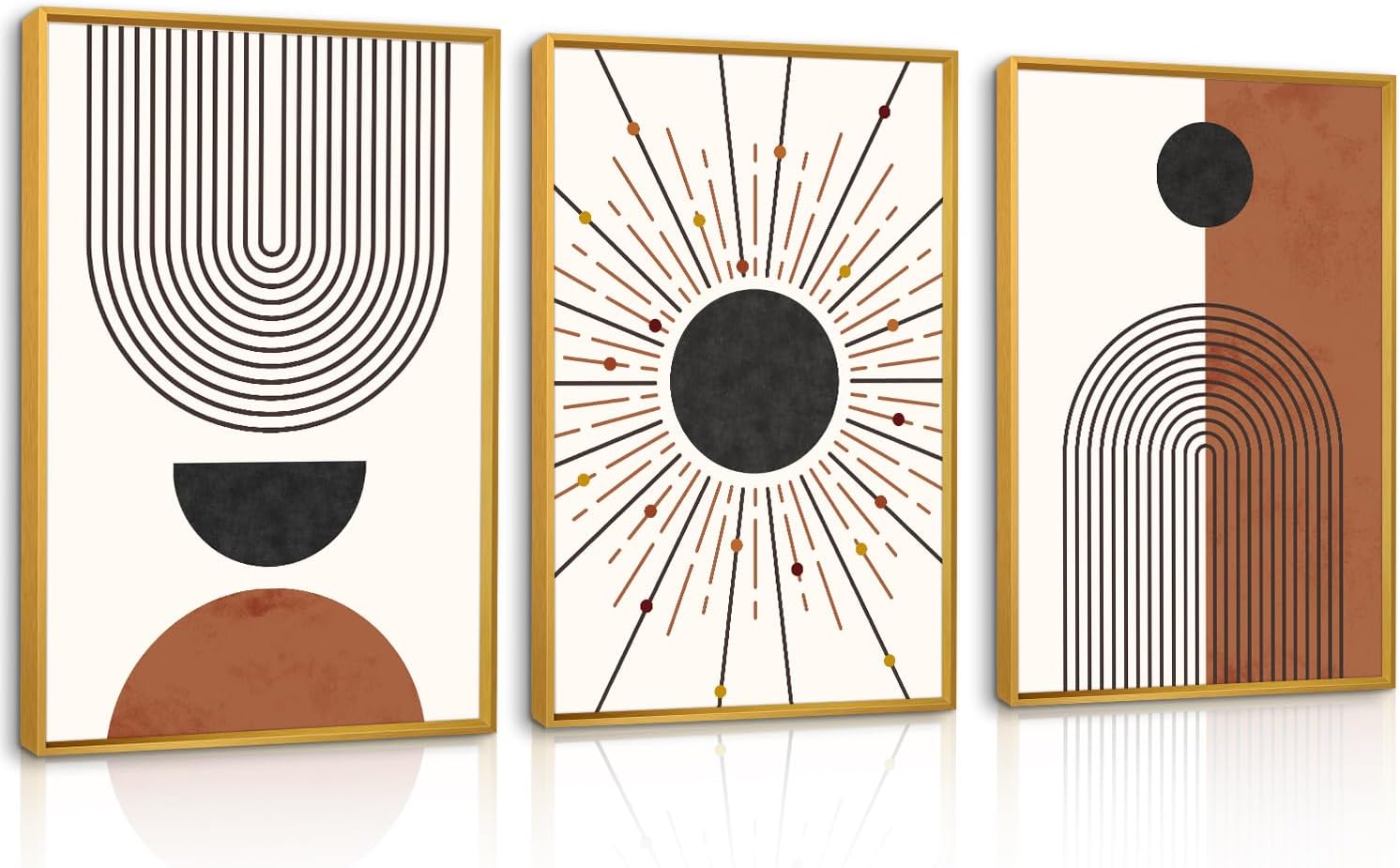 Minimalist Boho Framed Canvas Wall Art Set, Neutral Geometric Line Sun Wall Decor, Mid Century Wall Painting, Abstract Modern Bohemian Art Print for Living Room, Bedroom, Office -24'x36'x3
