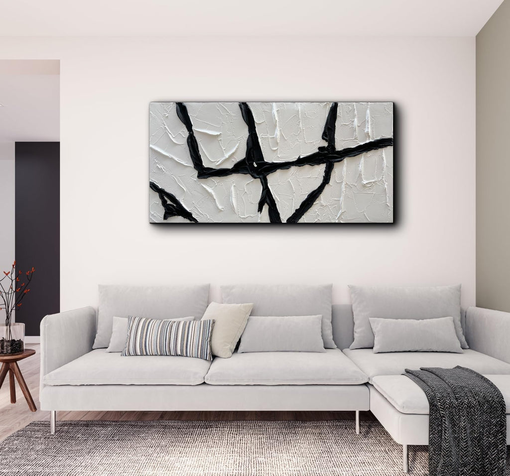 Creespi Hand Painted Black and White Thick Texture Oil Painting On Canvas,Modern Minimalist Abstract Wall Art for Home Decor 24x48 inch