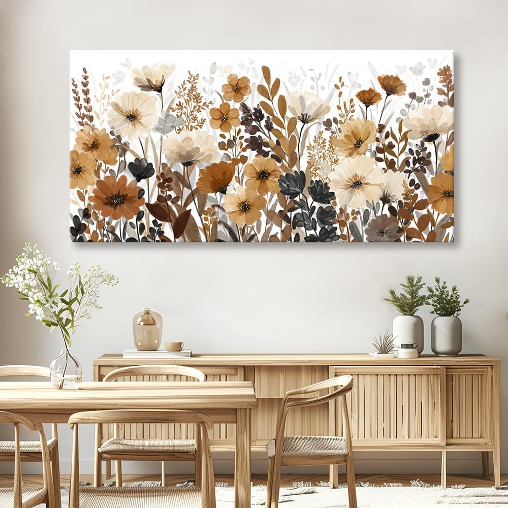 Watercolor Flower Wall Art Beige Brown Rustic Botanical Wildflower Picture Modern Country Aesthetic Painting Wall Decor Floral Landscape Canvas Prints Artwork for Bedroom Living Room Farmhouse 28'x58'