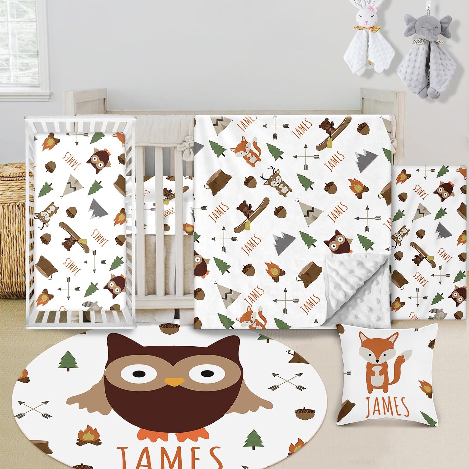 Custom Baby Crib Bedding Set - 5 Piece Nursery Crib Set Woodland Animals Design - Personalized Name Blanket with Dotted Backing, Crib Sheet, Changing Pad Cover, Pillow Cover, Rug for Newborns Color09