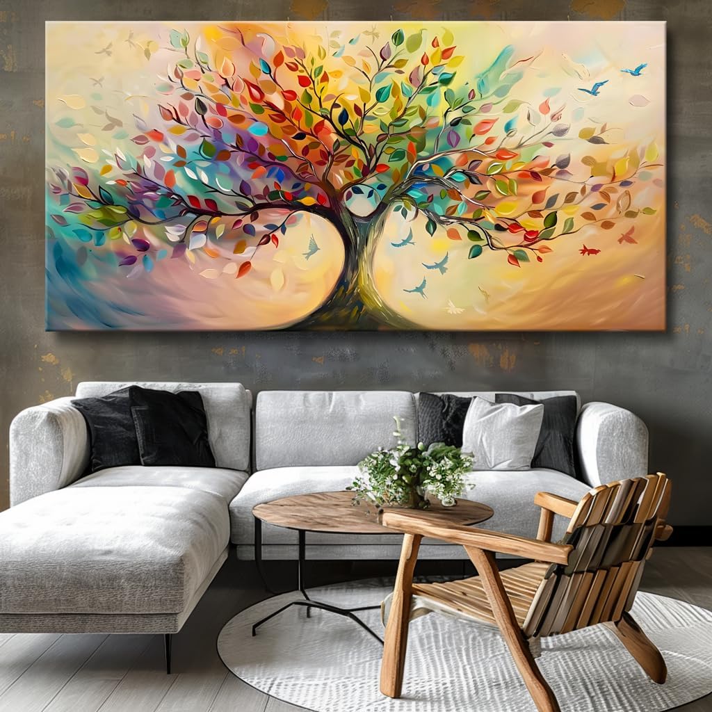 Vibrant Tree of Life Wall Art Colorful Framed Canvas Print for Living Room, Bedroom, Dining Room, or Home Office Modern Ready to Hang Decor,Nature Inspired Home Decoration - 71'x36'